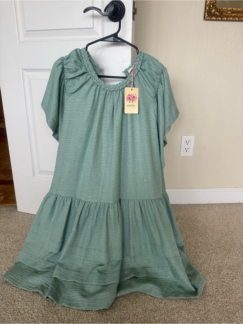 entro Sage Green Tiered Dress with Braided Neckline